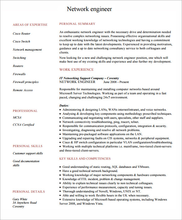 Street address, city, state, zip code, phone number, email . 6 Sample Network Engineer Resume Templates to Download | Sample Templates