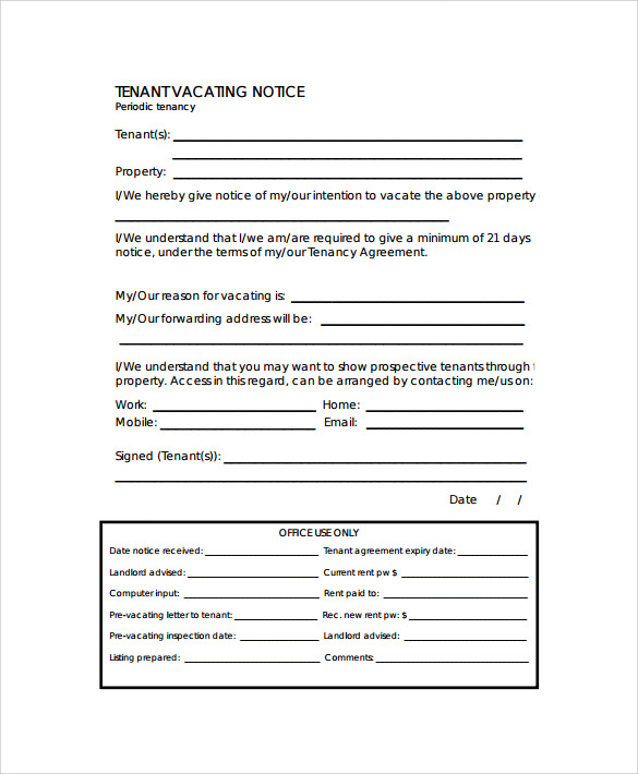 16/06/2021 · a tenant notice to vacate letter is a legal document you (the tenant) send to your landlord/landlady to inform them that you're planning to move out of your apartment, condo, house, or other rental residence. Free 9 Sample Notice To Vacate Letter Templates In Pdf Ms Word Pages Google Docs