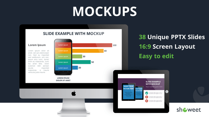 Such popular slides as mockup slide, a number of infographic charts, step by step slides are used in the template. Mockups Graphics And Templates For Powerpoint Showeet
