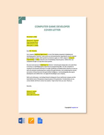 Video game designer cover letter sample. Computer Game Developer Cover Letter Template Google Docs Word Template Net