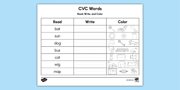 cvc words read write and color activity teacher made