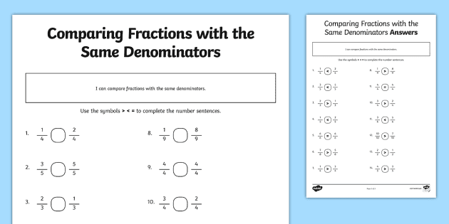 comparing fractions with different denominators worksheet worksheet