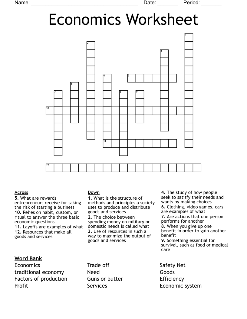 Economies based on customs and . Economics Worksheet Crossword Wordmint