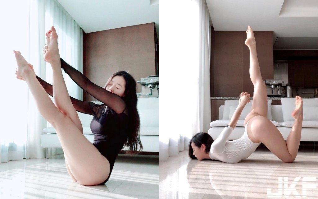 大奶瑜珈骚妹「提肛贴乳韵律服」示范拉筋　高难度「翘屁扭曲身体」让人看得都硬了-小湿妹图(1)