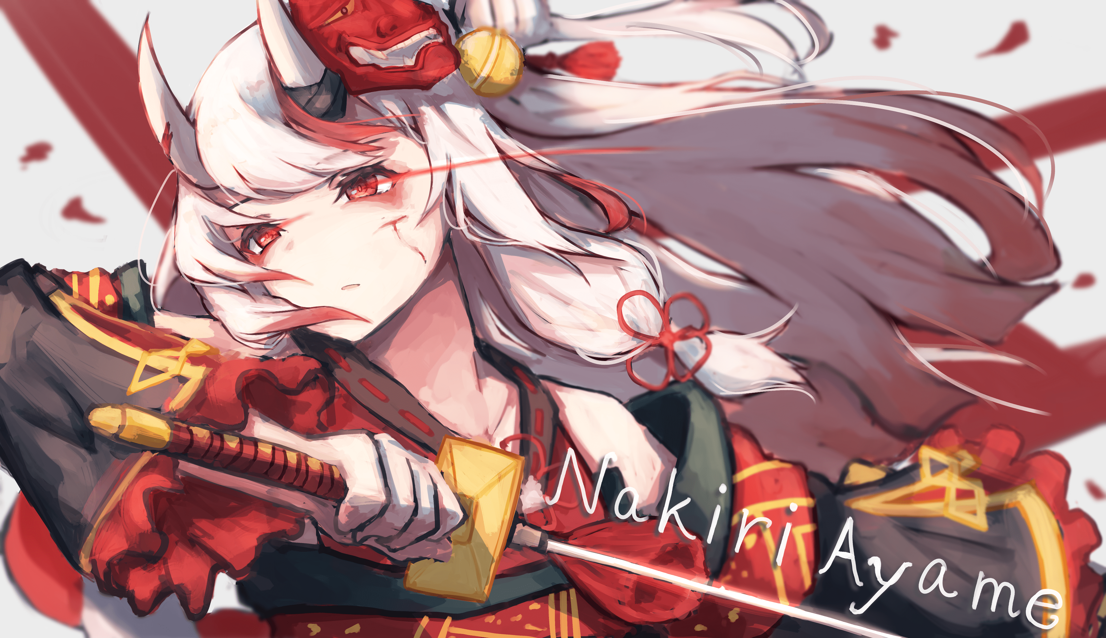 Anime girls, horns, hololive, virtual youtuber, nakiri ayame, vertical, inaka, artwork, oni girl, silver hair, red eyes, hd mobile wallpaper . Virtual Youtuber Wallpaper 3832x2211