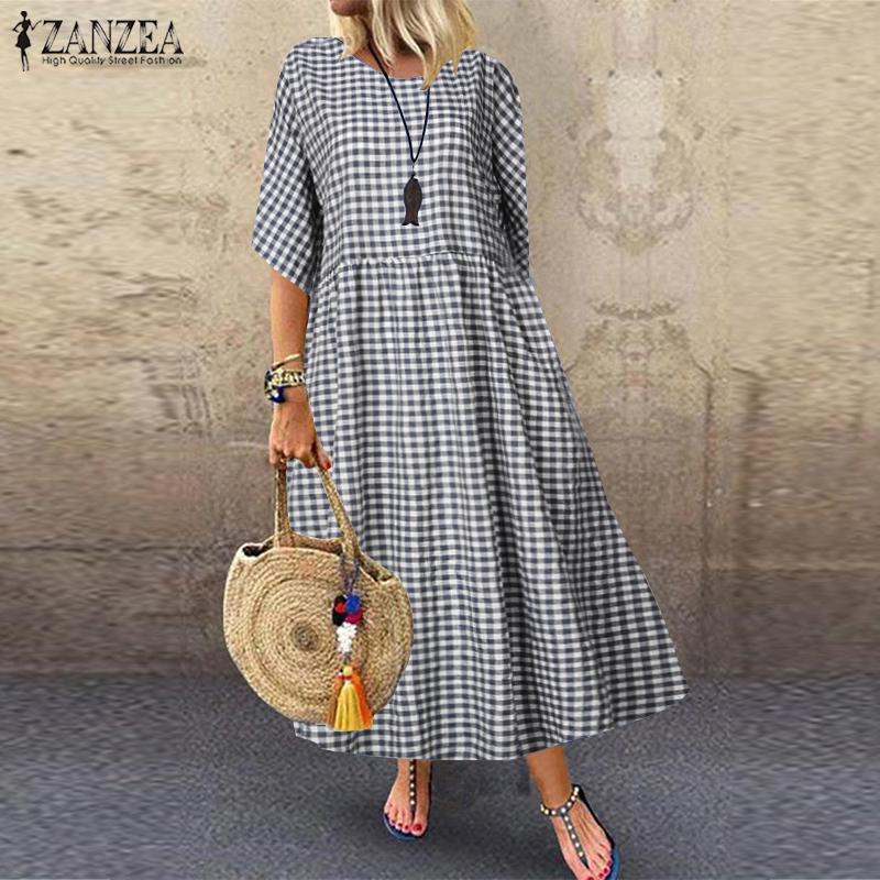 ZANZEA 4 Couleurs Dames Mode Check Plaid O Neck Long Dress Casual Loose  Kaftan Maxi Robes acheter à prix bas — livraison gratuite, avis réels avec  des photos — Joom