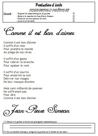 Comme il est bon d'aimer. Comme il est bon d'aimer, PoÃ©sie de Jean-Pierre SimÃ©on - La Classe de