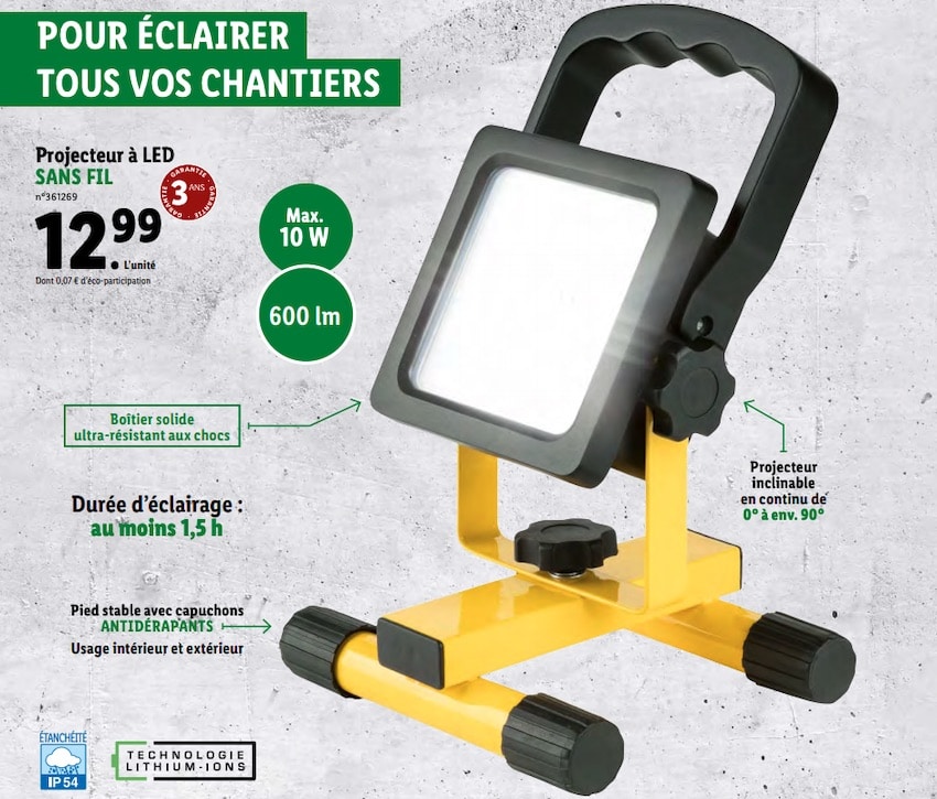 Lidl projecteur LED sans fil Parkside à 12,99