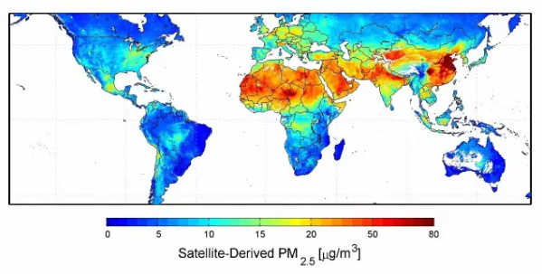 NASA 2010年发布的 2001-2006年全球 pm2.5 污染地图