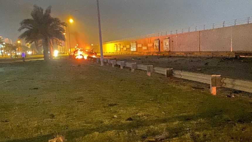 A burning vehicle at the Baghdad International Airport following an airstrike, in Baghdad, Iraq, early Friday, Jan. 3, 2020. The Pentagon said Thursday that the U.S. military has killed Gen. Qassem Soleimani, the head of Iran's elite Quds Force.