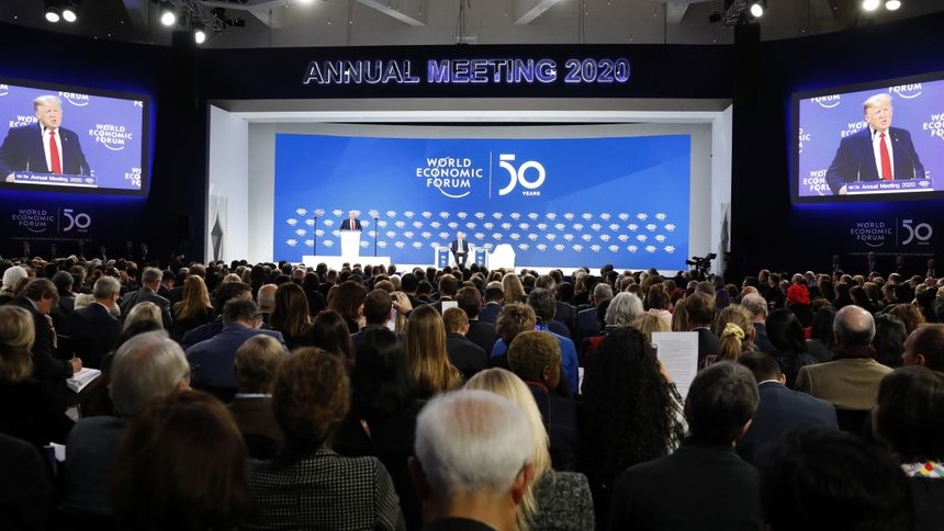 U.S. President Donald Trump addresses the World Economic Forum in Davos, Switzerland, Tuesday, Jan. 21, 2020. The 50th annual meeting of the forum will take place in Davos from Jan. 20 until Jan. 24, 2020. (AP Photo/Markus Schreiber)