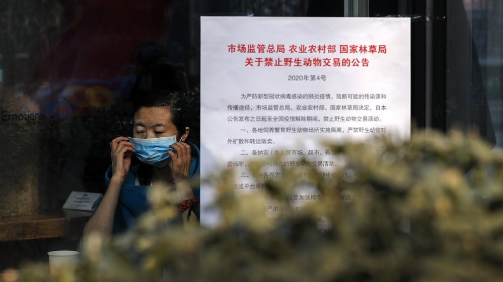 一名妇女在北京政府公告旁整理口罩（AP/美联社）