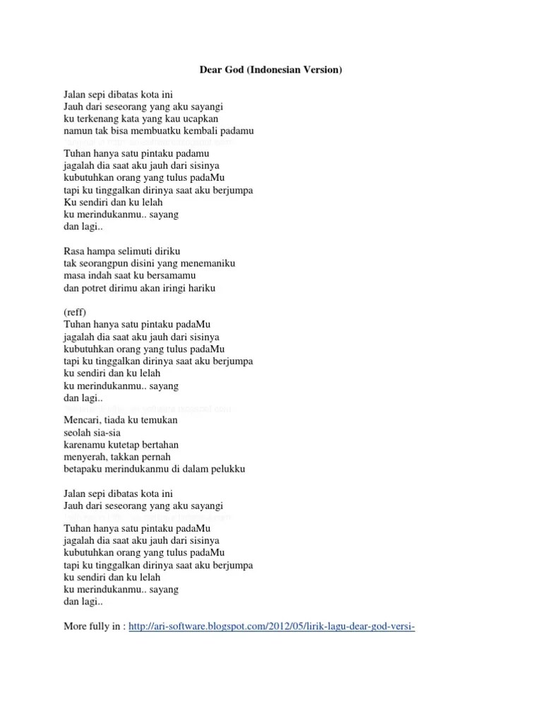 Dear God Lirik Versi Indonesia – Rasanya