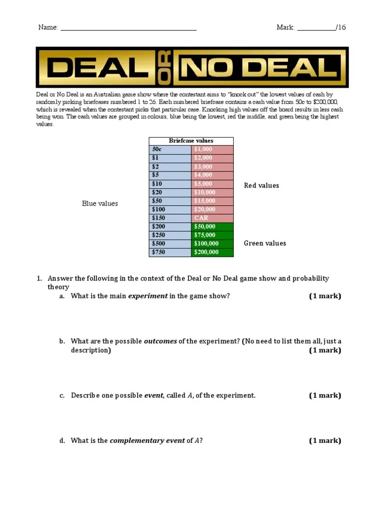Matp 4600 and dses 4750. Deal Or No Deal Worksheet Pdf Applied Mathematics Probability
