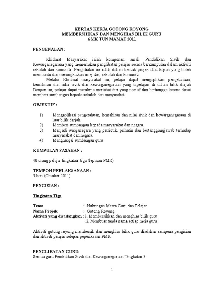 Sekolah kebangsaan jelai 3 (f) 73480 gemas, negeri sembilan dengan kerjasama . Kertas Kerja Gotong Royong Bilik Guru Pdf