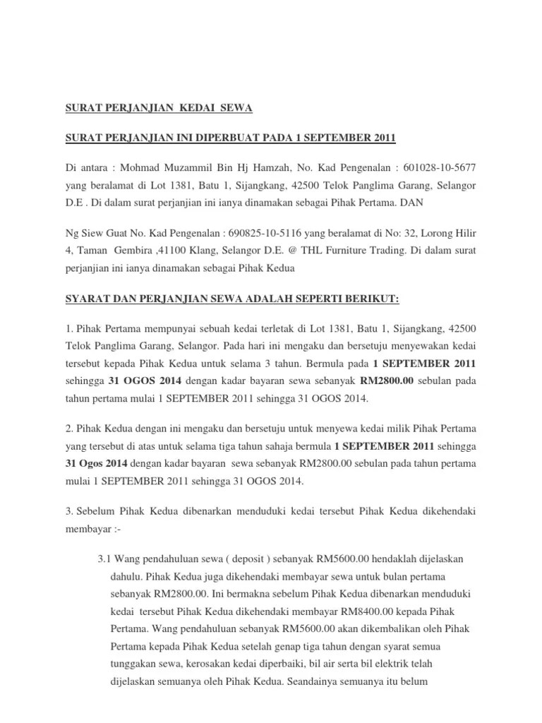 Perniagaan komersial di dalam premis . Contoh Surat Perjanjian Sewa Kedai Atau Rumah Contoh Surat