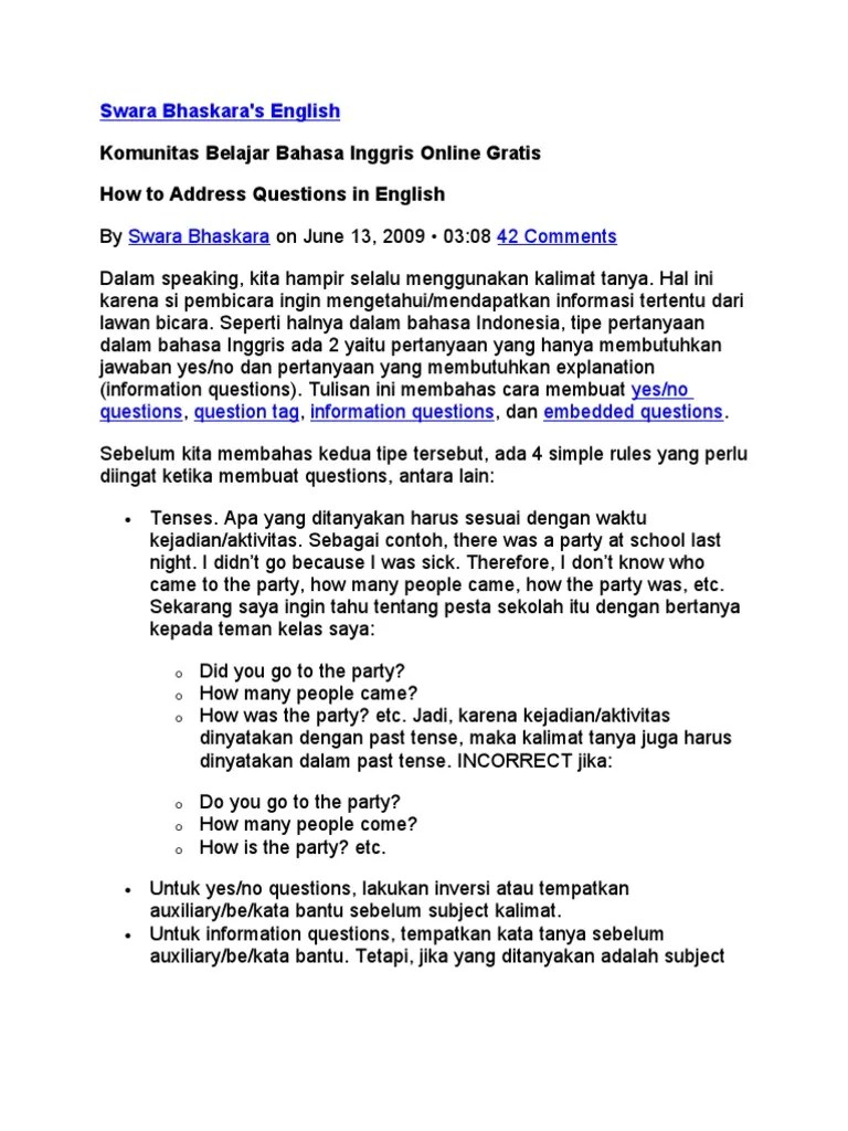 Kalimat Tanya Dalam Bahasa Inggris | PDF