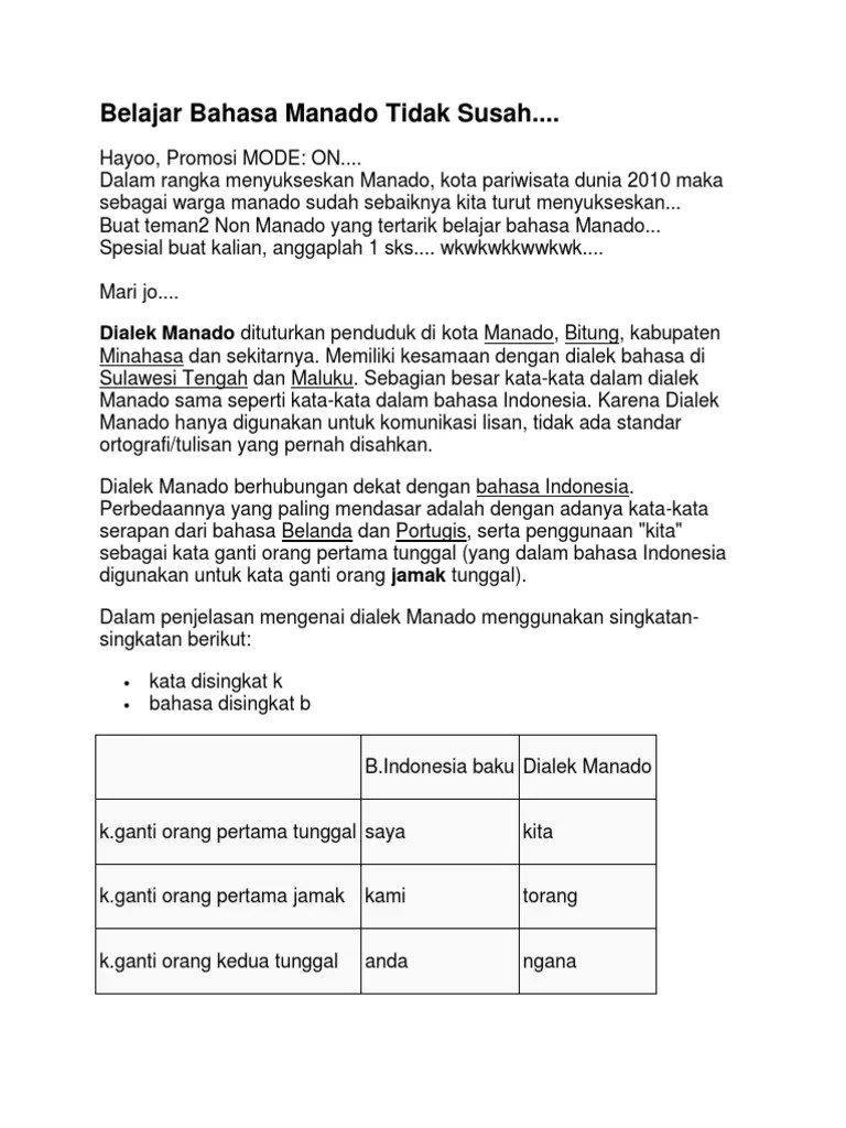 Belajar Bahasa Manado Tidak Susah | PDF