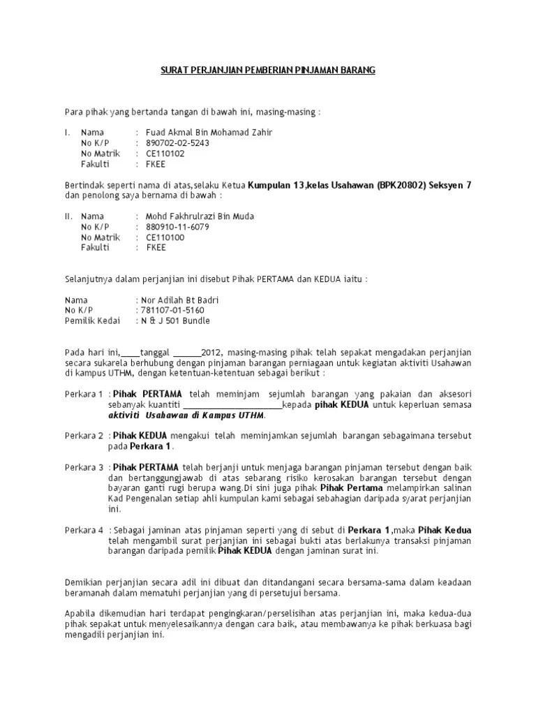 5 halamanformat:word file draf perjanjian perkawinan ini berisi draf surat perjanjian yang mengatur. Contoh Surat Perjanjian Pinjaman