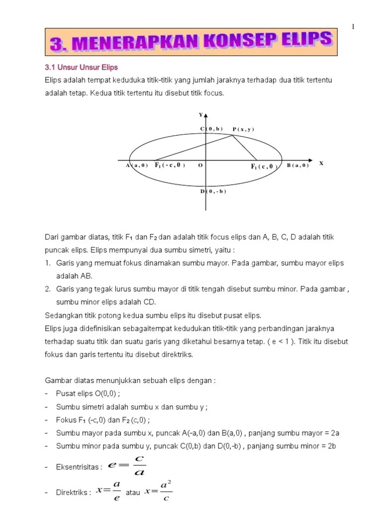 Eksentrisitas adalah ukuran kelengkungan sebuah elips. Persamaan Elips Pdf