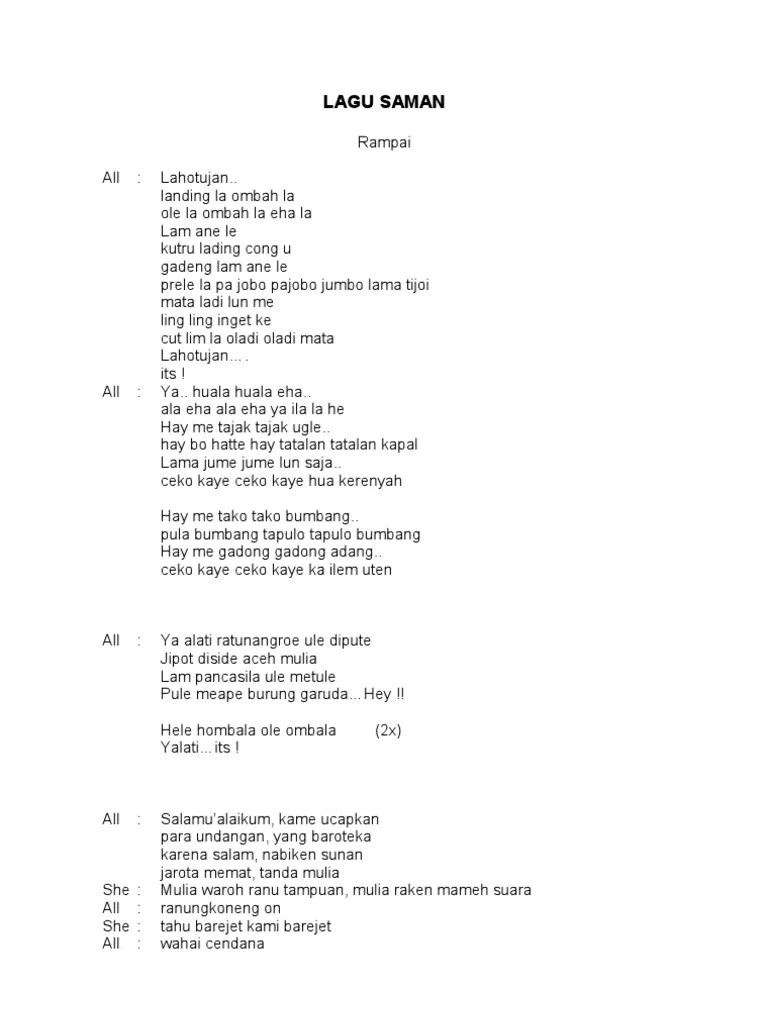 Lirik Lagu Tari Saman Aceh – Nasi