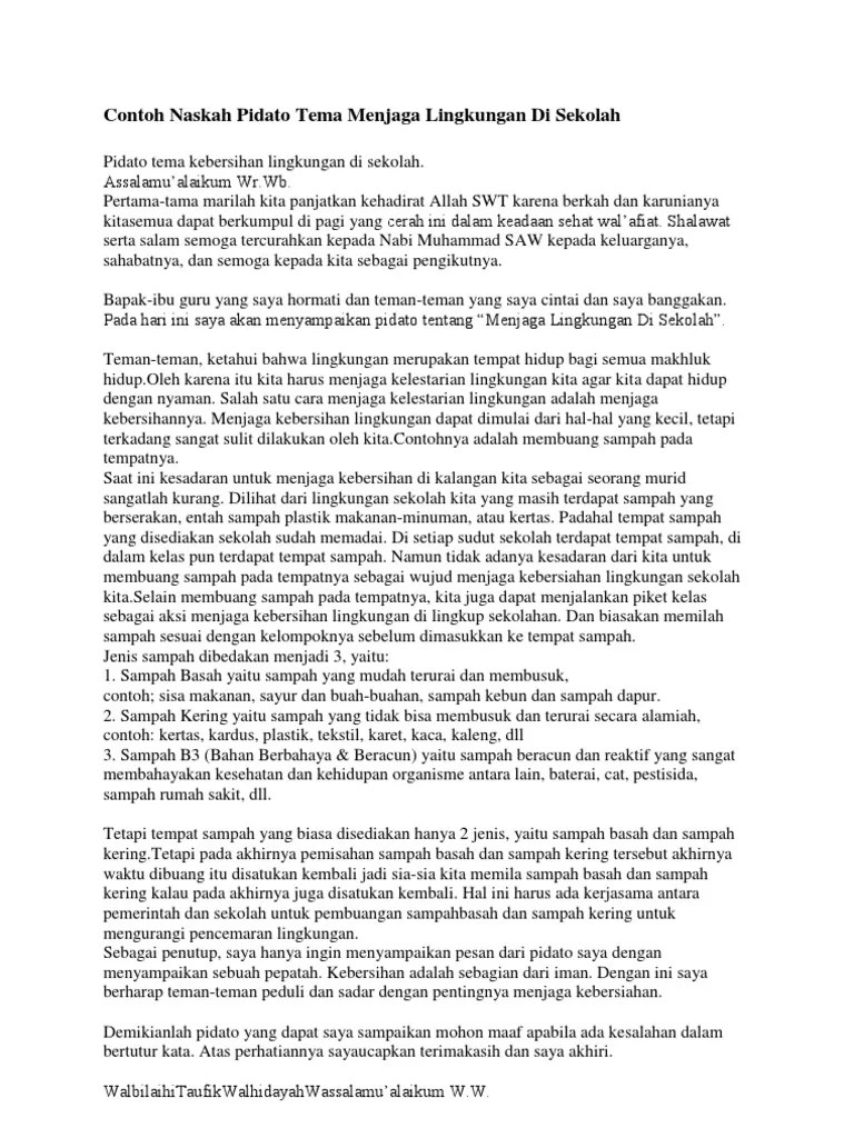 Contoh Naskah Pidato Tema Menjaga Lingkungan Di Sekolah | PDF