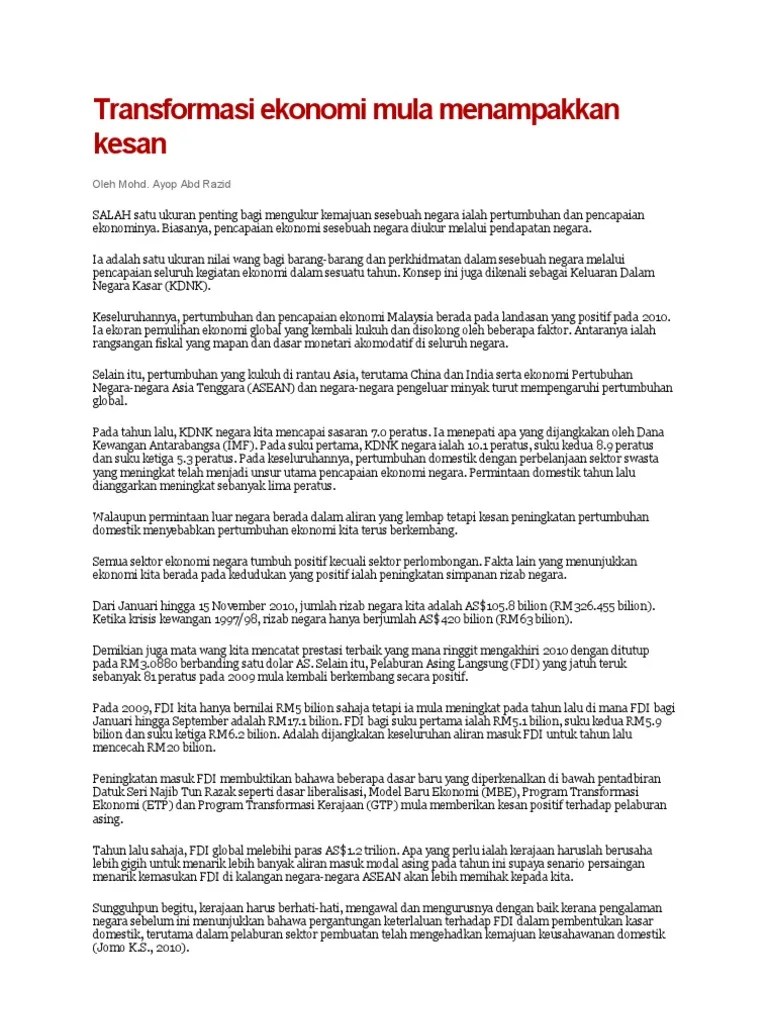 Tuju etp ini turut merangkumi 12 bidang ekonomi utama negara (nkea) iaitu :. Transformasi Ekonomi Mula Menampakkan Kesan Kesan Yang Positif Pdf