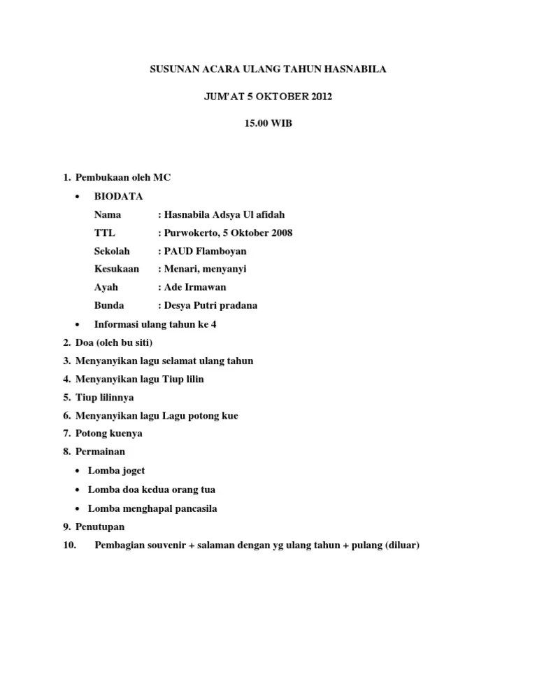 Susunan Acara Ulang Tahun Hasnabila | PDF