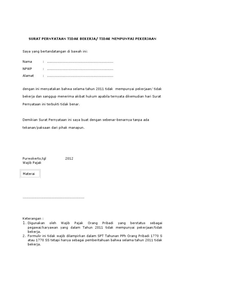 Surat akuan pengesahan pendapatan bekerja sendiri. Formulir Contoh Surat Pernyataan Tidak Bekerja Bagi WP ...