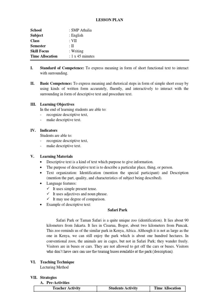 descriptive text adalah sebuah teks yang menjelaskan tentang suatu hal. Lesson Plan Descriptive Text Zoo Adjective