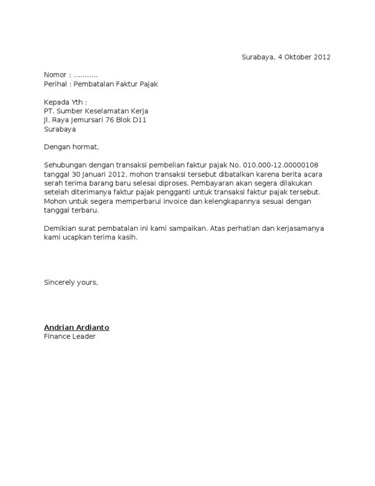 Contoh Surat Pembatalan E Faktur Pajak - Contoh Surat