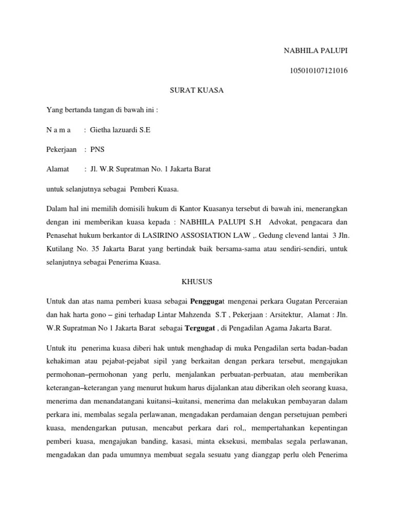 Pembagian harta bersama/gono gini, isbat/pengesahan pernikahan,. Surat Kuasa Prakper