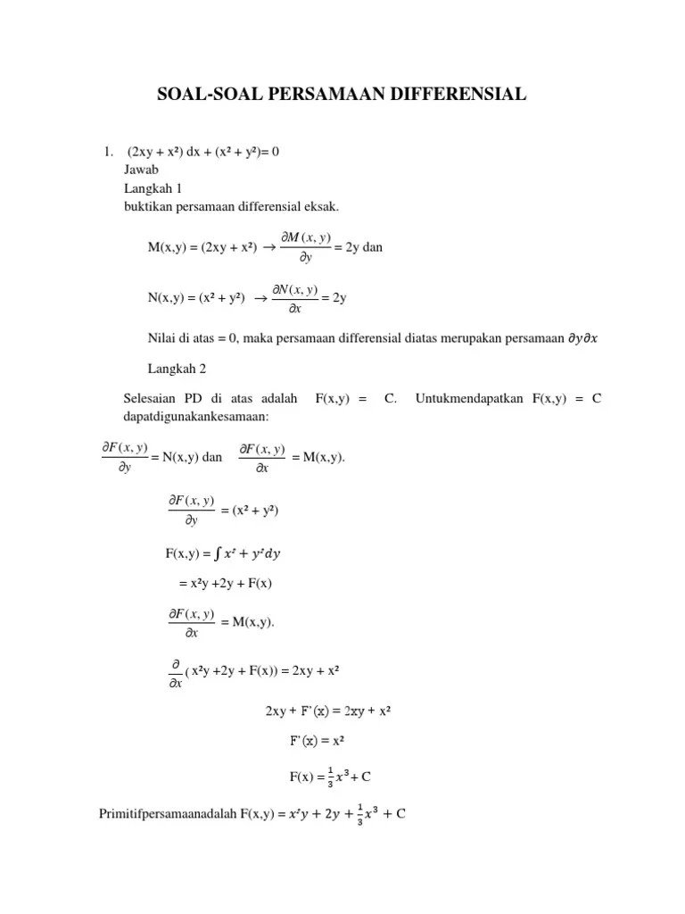 Matematika teknik persamaan diferensial eksak. Contoh Soal Diferensial Eksak Dan Tak Eksak