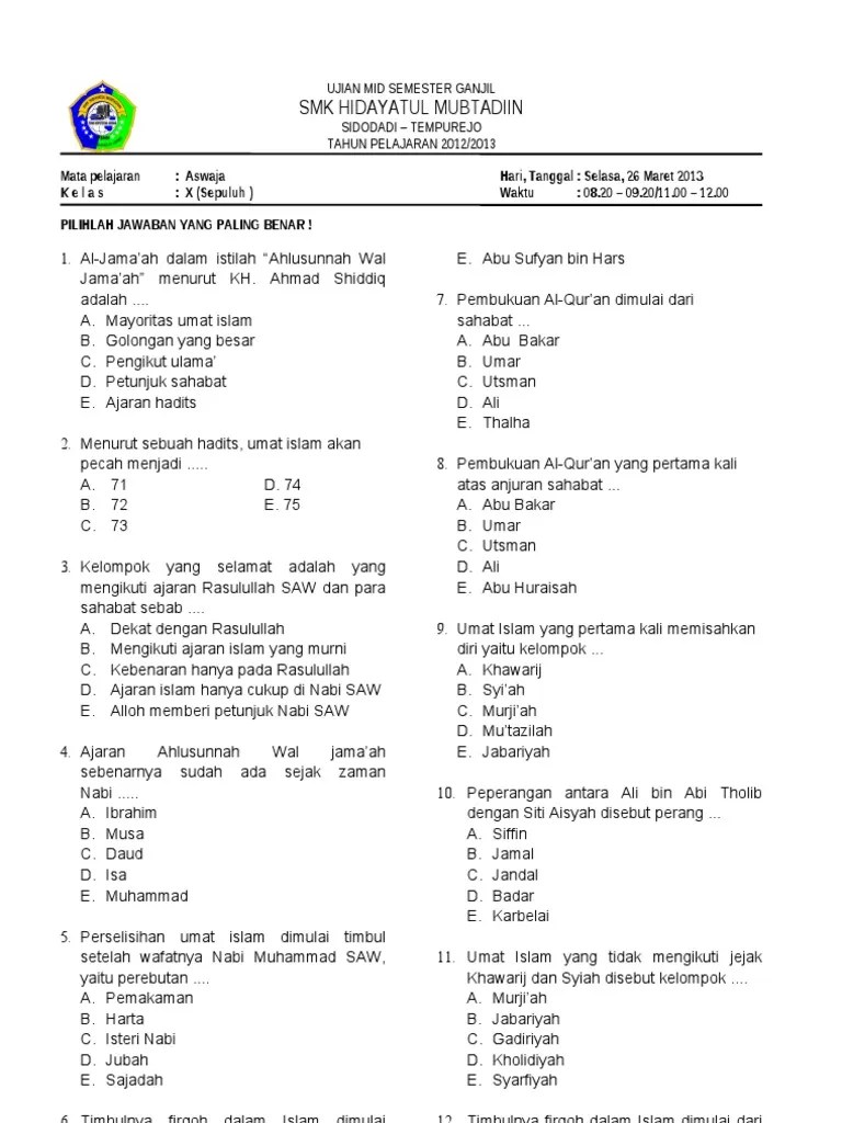 Berilah tanda (x) pada salah satu huruf a, b, c, atau d di depan jawaban yang paling benar! Aswaja Pdf