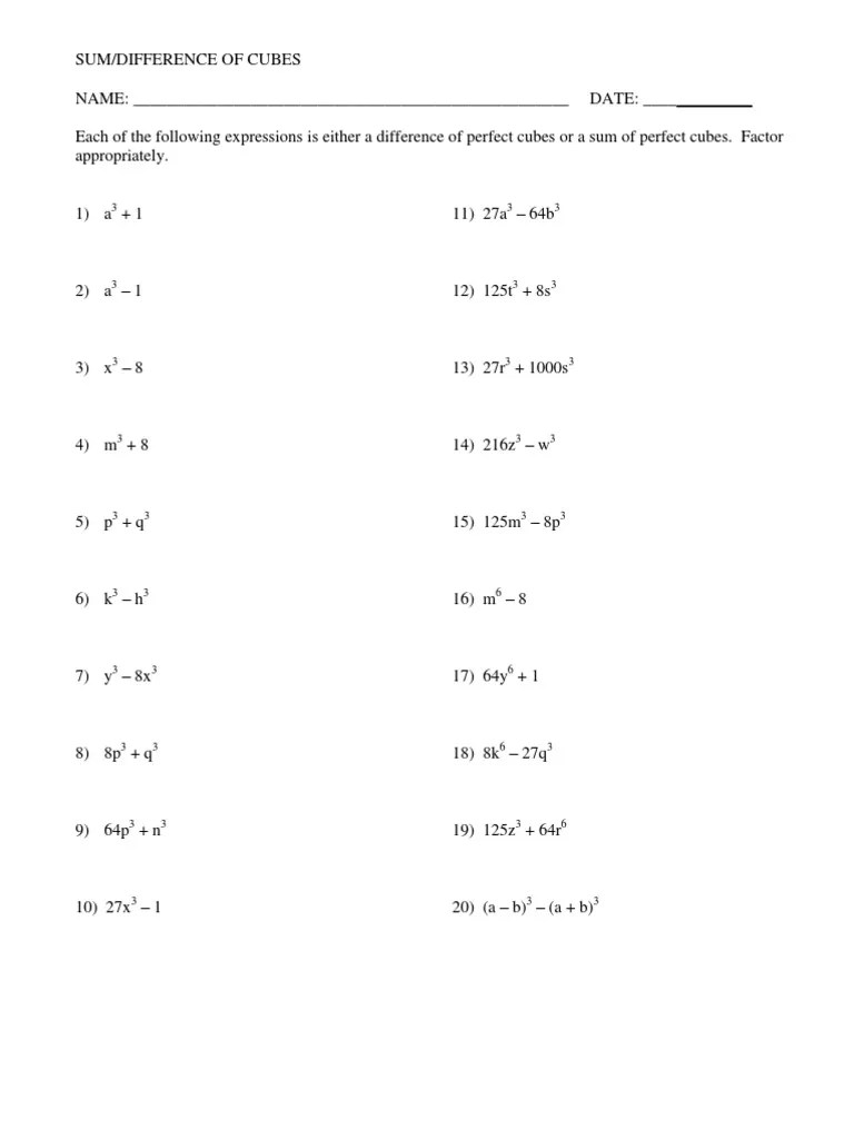 I didn't know what in the world to do with it, so this is what i did. Sum And Difference Of Cubes Worksheet Pdf Teaching Mathematics