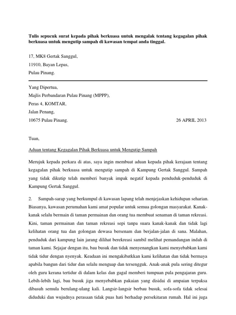 Format Surat Bagi Pihak : Surat Rasmi - Aduan tentang Kegagalan Pihak Berkuasa untuk ...