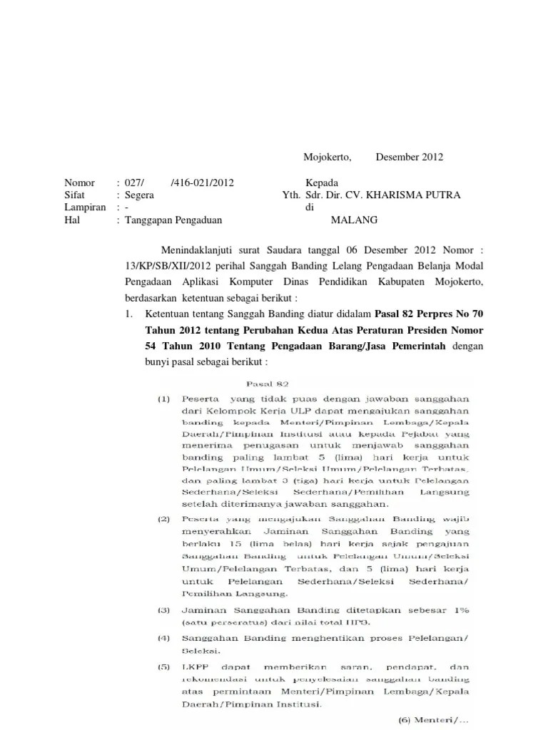 Contoh sanggahan banding lelang ulang. Contoh Surat Jawaban Pengaduan Contoh Surat Terbaru 2020