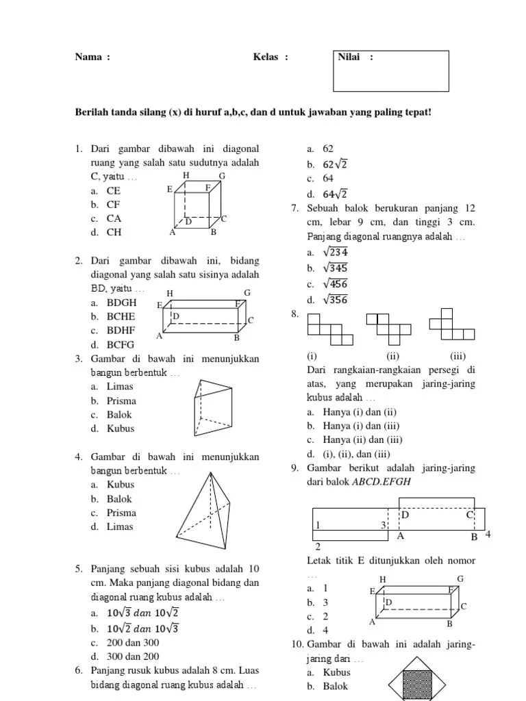 Contoh soal dan pembahasan tentang bangun ruang sisi datar. Soal Matematika Smp Kelas 8 Kubus Dan Balok