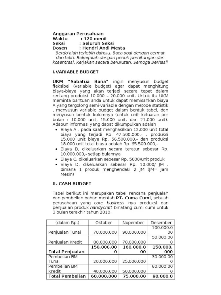 Ajar yang berjudul &quot;penganggaran perusahaan&quot; Soal Uas 2010 Anggaran Perusahaan Pdf