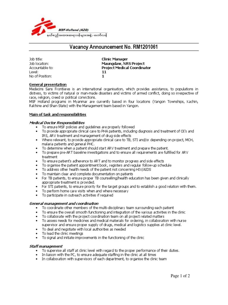 Application for a gp practice manager. Job Application Pdf Medecins Sans Frontieres Health Care