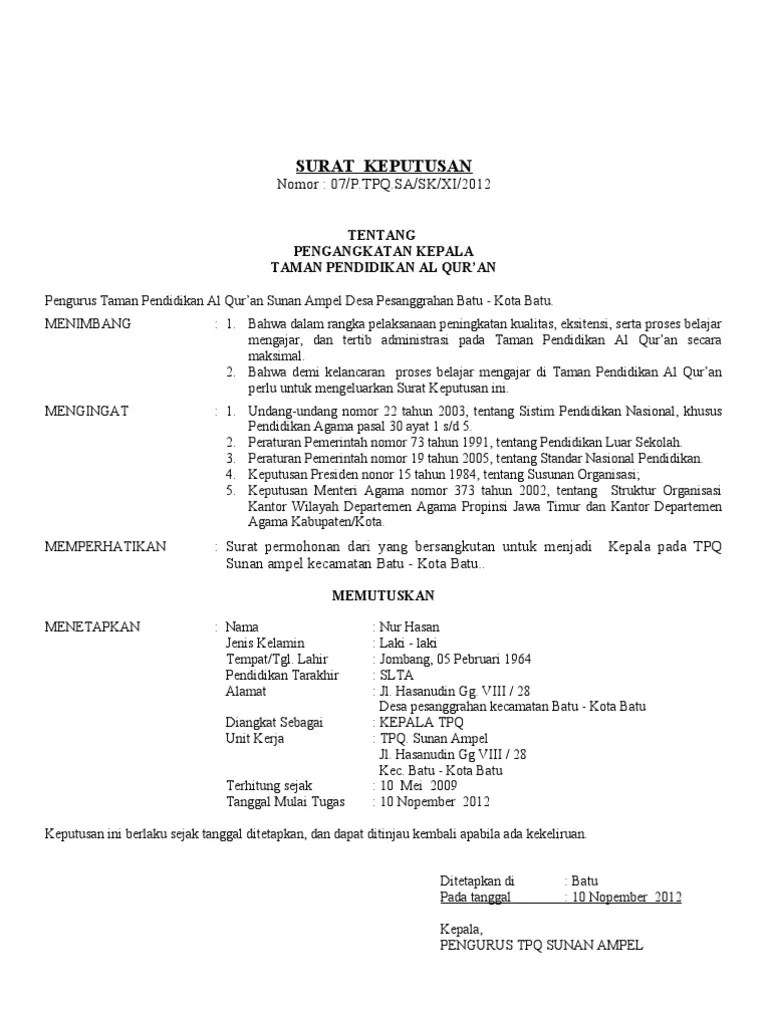 Menetapkan dan mengesahkan susunan pengurus taman pendidikan al. Contoh Sk Pengurus Tpq Doc Masnurul