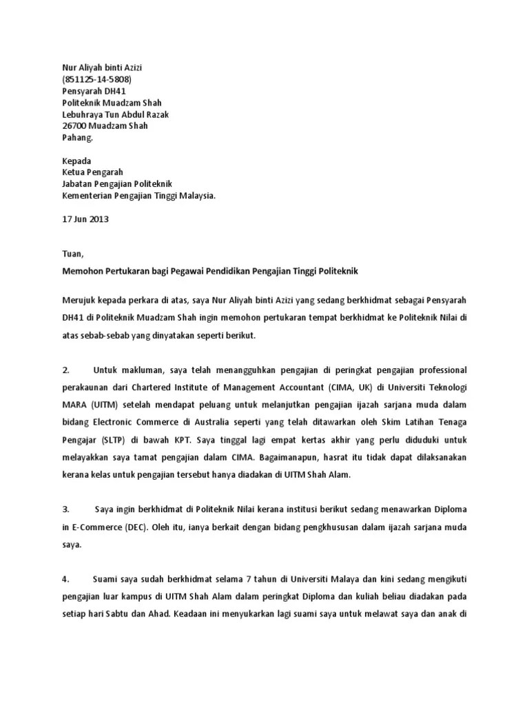 Saya kini sedang bertugas sebagai jururawat u29, di wad kk Contoh Surat Permohonan Pertukaran Pdf