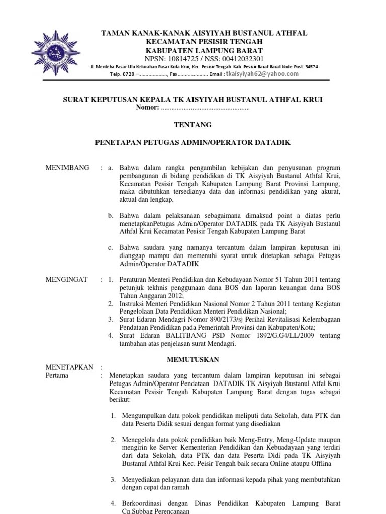 SK Operator TK Aisyiyah | PDF