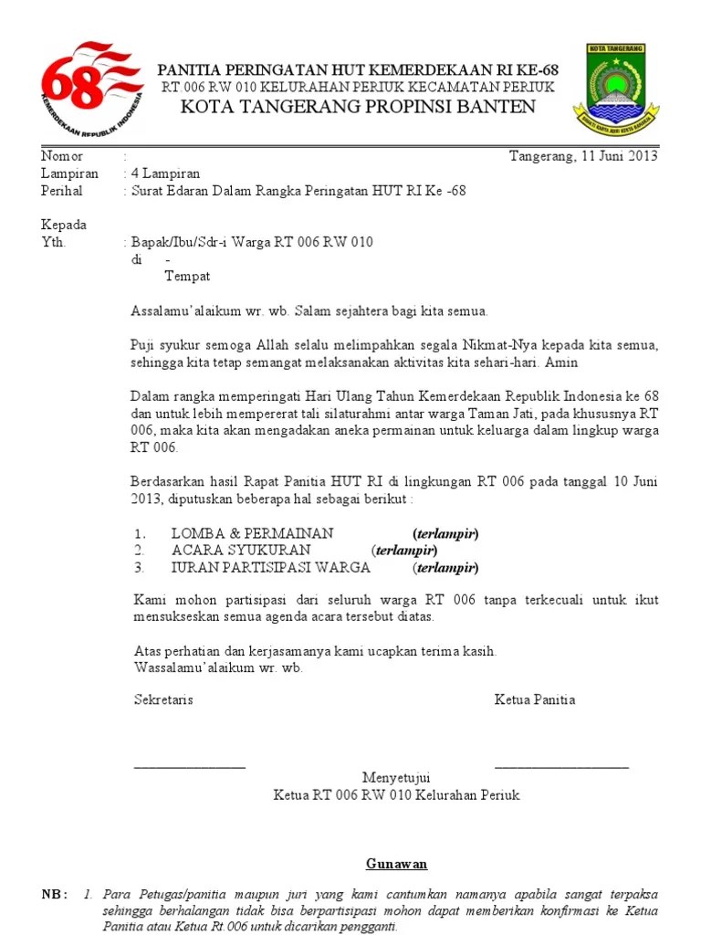 Panitia peringatan hut kemerdekaan ri 74 tahun. Surat Edaran Dalam Rangka Peringatan Hut Ri Ke 68 Pdf