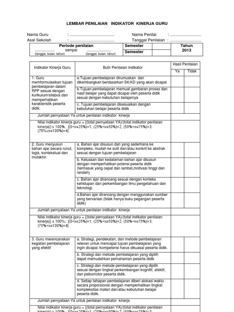 Indikator lainnya adalah rendahnya produktivitas guru dalam . 02 Lembar Penilaian Indikator Kinerja Guru Pdf