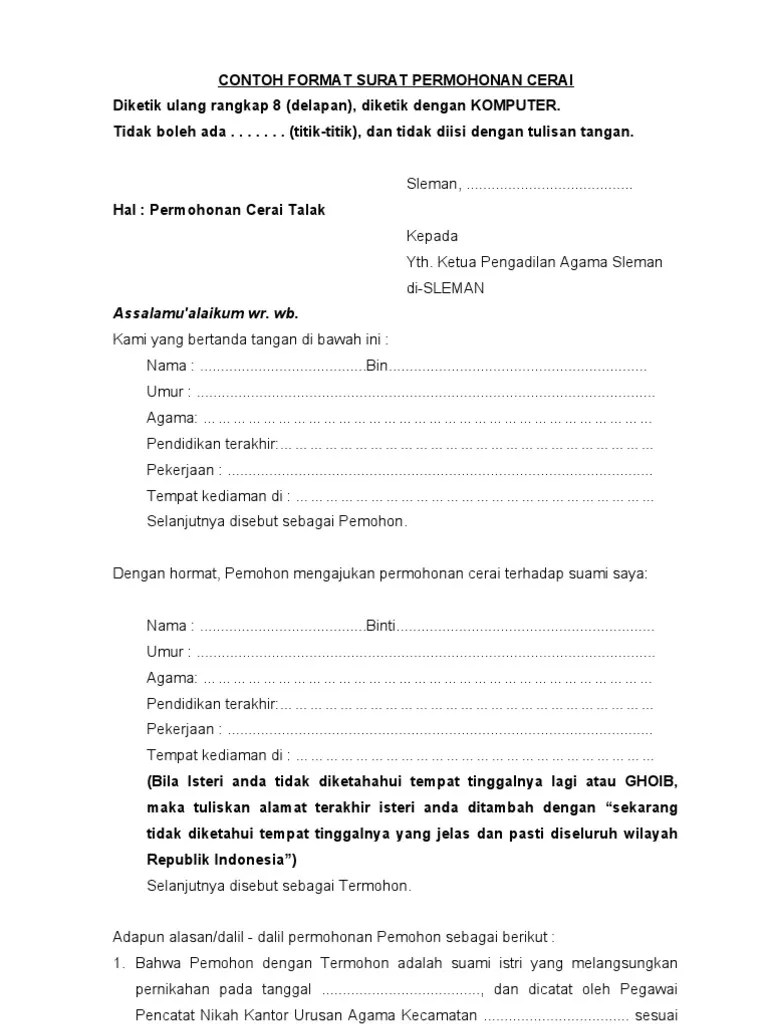 Contoh formulir isian bank dalam bahasa inggris; Format Contoh Surat Permohonan Cerai Talak Suami Yang Mengajukan Permohonan Cerai Pdf