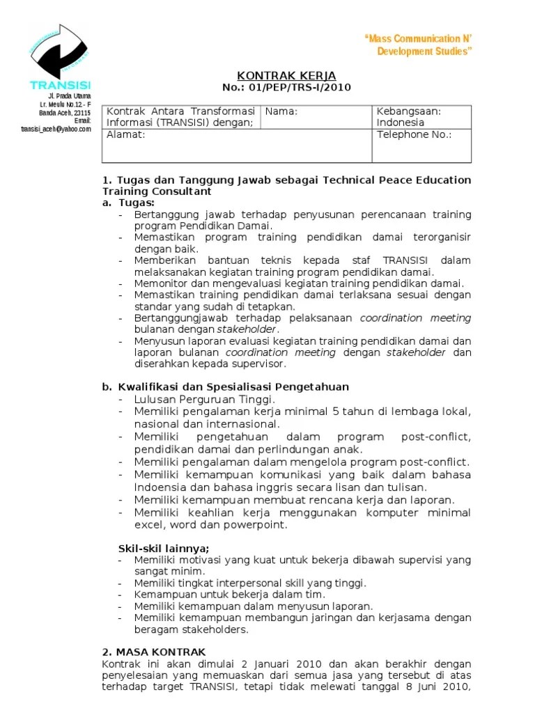 Salah satunya adalah surat perjanjian. Contoh Kontrak Kerja Pdf