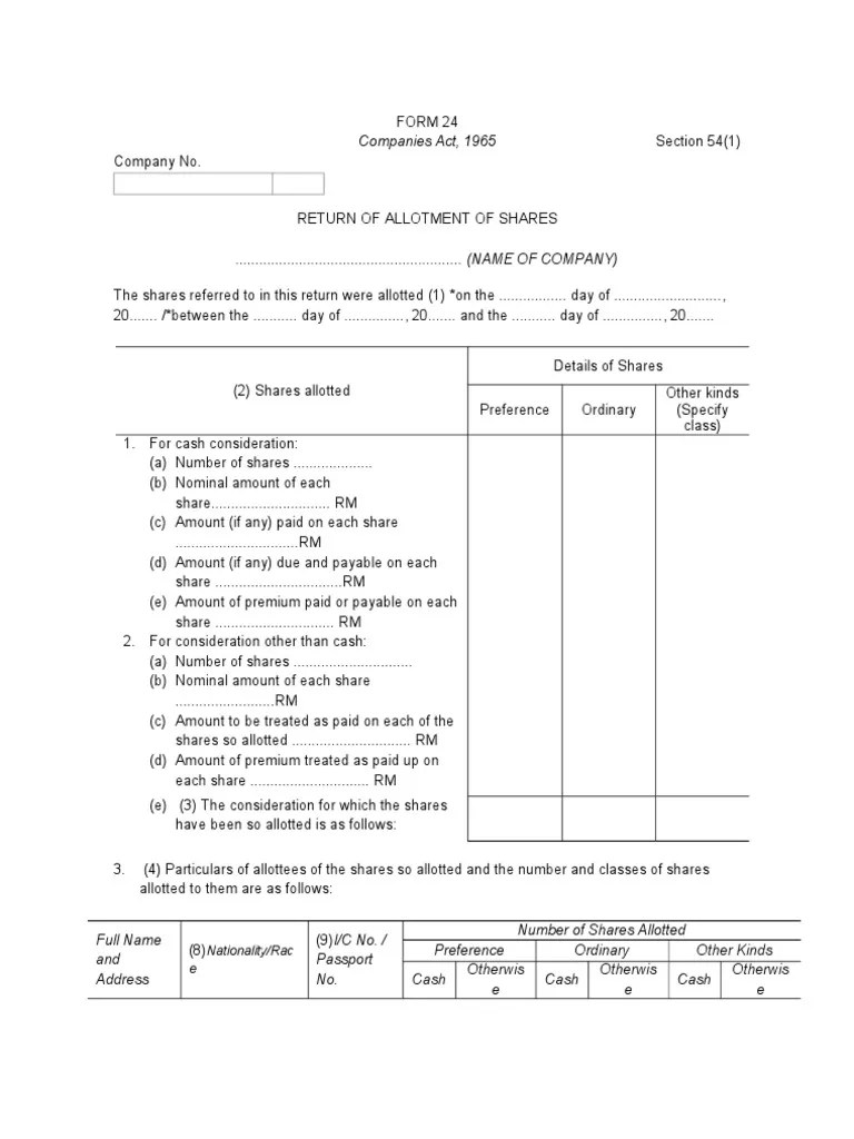 Previously known as form 24, form 44, and form 49. Form 24 Return Of Allotment Of Shares Pdf