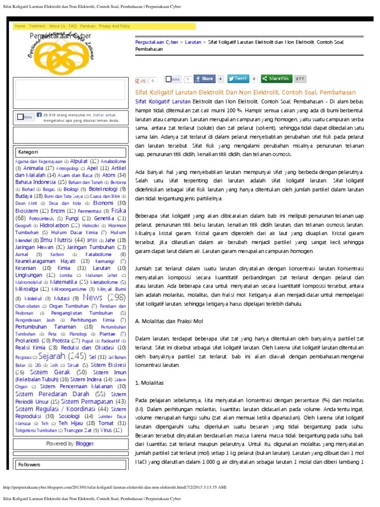 Sifat Koligatif Larutan Elektrolit Dan Non Elektrolit, Contoh Soal,  Pembahasan | PDF