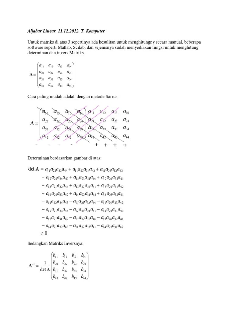 Disebut determinan matriks tersebut dan ditulis. Aljabar Linear Invers 4x4 Pdf